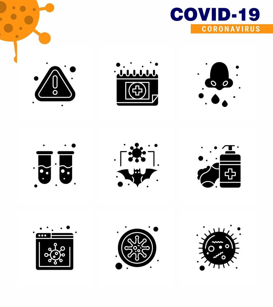 Coronavirus Precaution Tips icon for healthcare guidelines presentation 9 Solid Glyph Black icon pack such as bat test tube allergy blood test nose viral coronavirus 2019nov disease Vector Desig