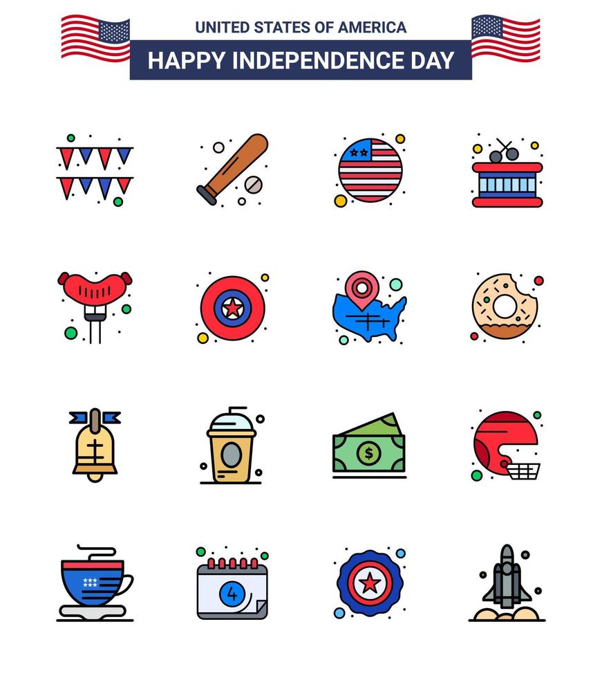 16 Flat Filled Line Signs for USA Independence Day badge frankfurter country food instrument Editable USA Day Vector Design Elements