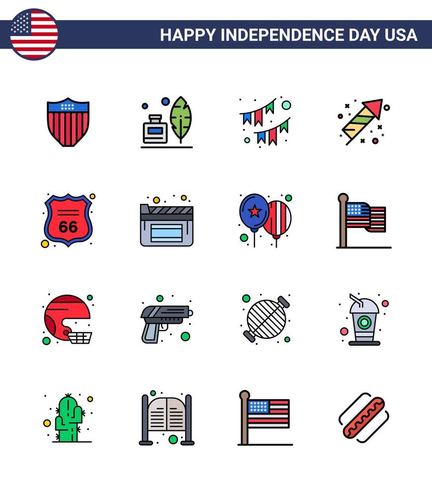 Happy Independence Day Pack of 16 Flat Filled Lines Signs and Symbols for security fireworks american festivity garland Editable USA Day Vector Design Elements