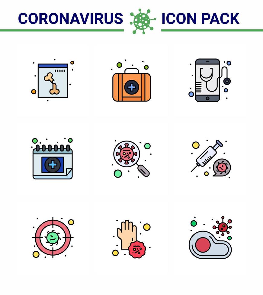 9 Filled Line Flat Color Corona Virus pandemic vector illustrations glass scan virus medical schudule calendar viral coronavirus 2019nov disease Vector Design Elements