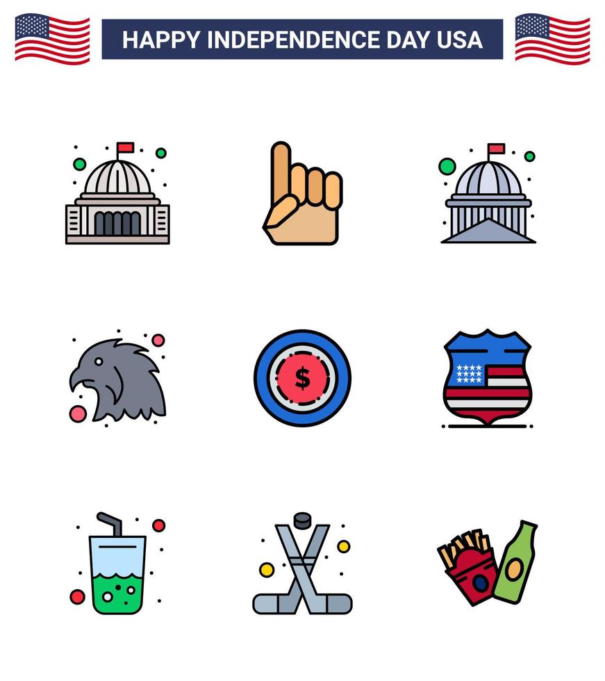 4th July USA Happy Independence Day Icon Symbols Group of 9 Modern Flat Filled Lines of american bird american animal usa Editable USA Day Vector Design Elements