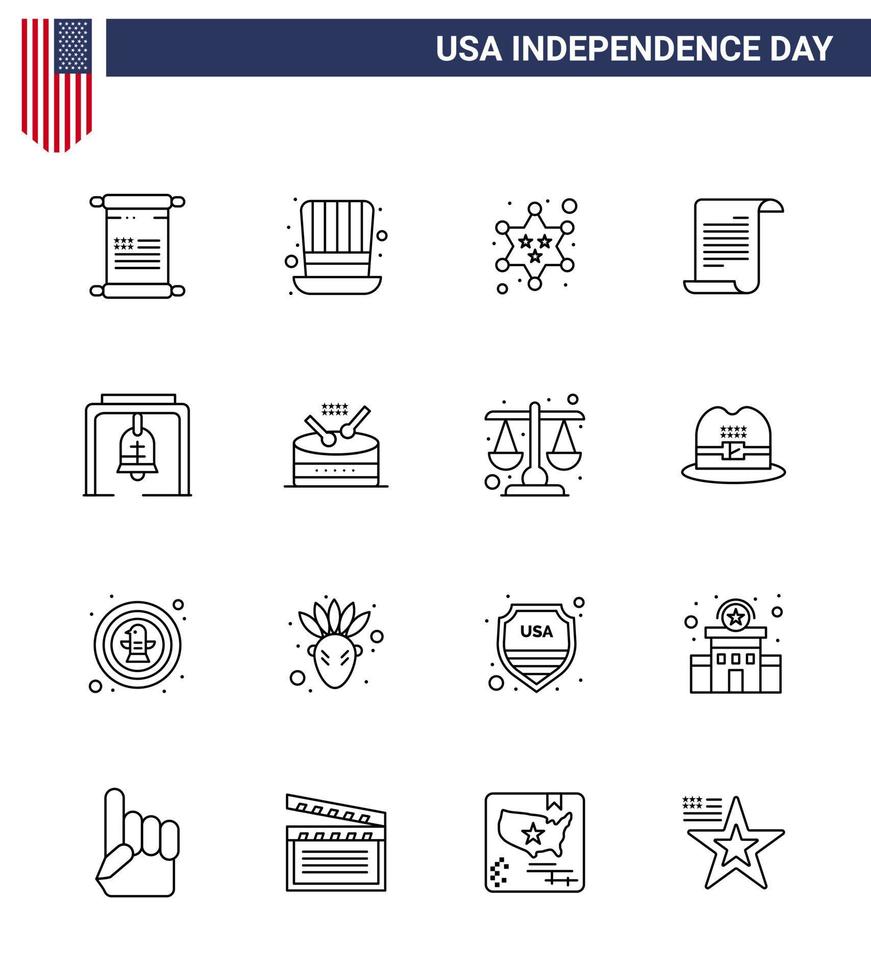 Happy Independence Day Pack of 16 Lines Signs and Symbols for bell usa badge american file Editable USA Day Vector Design Elements