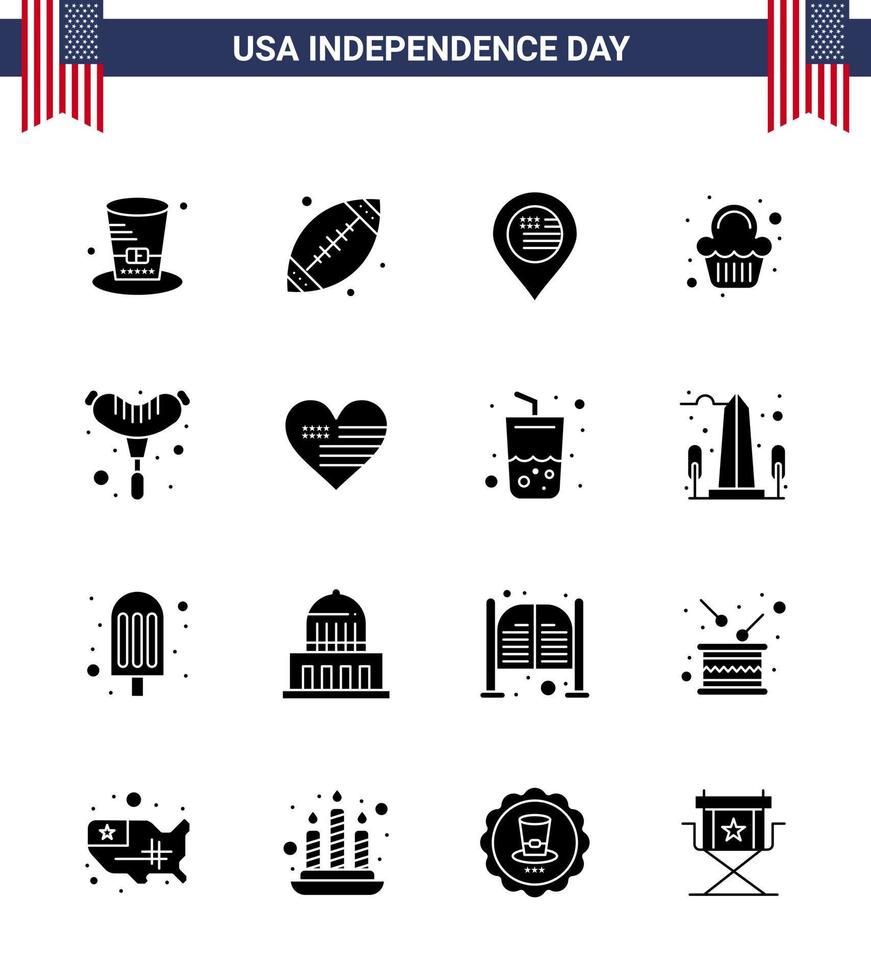 Happy Independence Day Pack of 16 Solid Glyphs Signs and Symbols for frankfurter celebration american sweet cake Editable USA Day Vector Design Elements