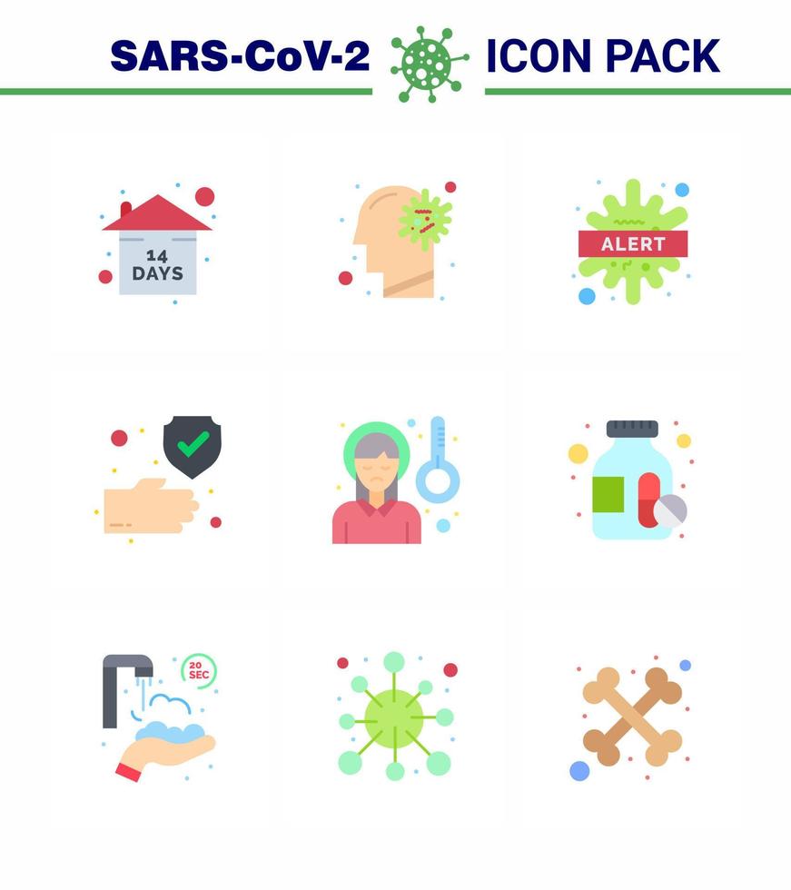 iconos de conjunto de prevención de coronavirus 9 icono de color plano, como la mano segura, la enfermedad limpia del cerebro, el coronavirus viral 2019nov, los elementos de diseño del vector de enfermedad