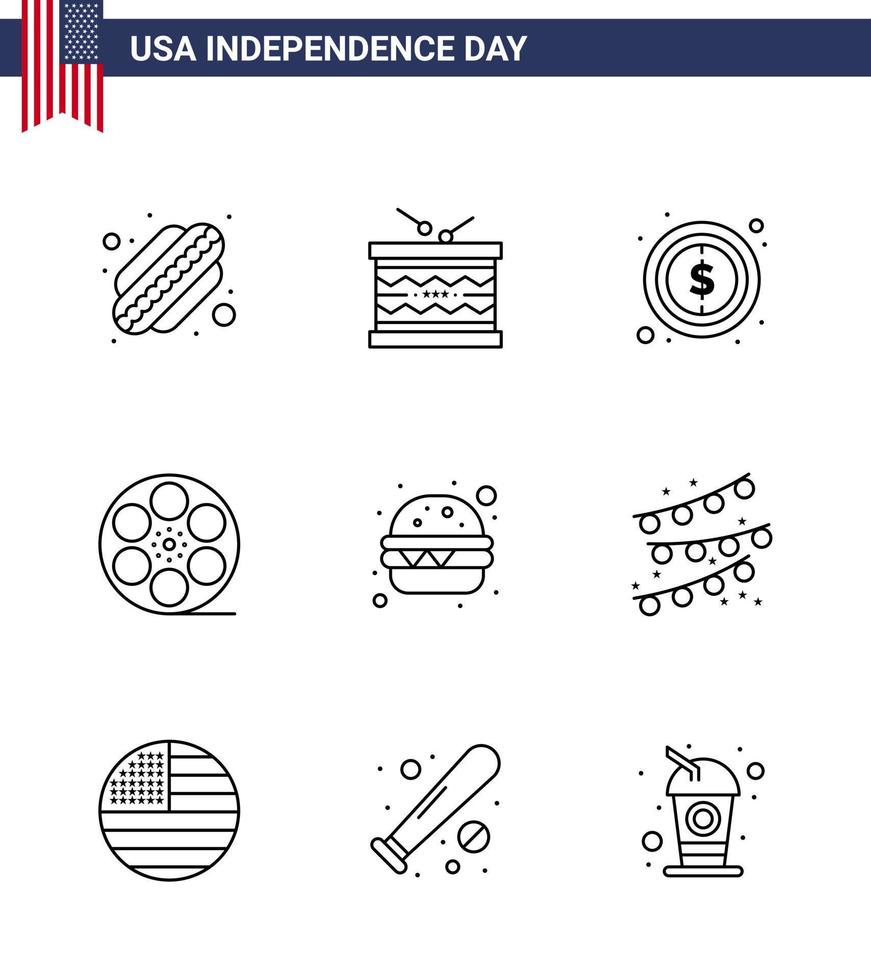USA Independence Day Line Set of 9 USA Pictograms of fast food american usa video movis Editable USA Day Vector Design Elements
