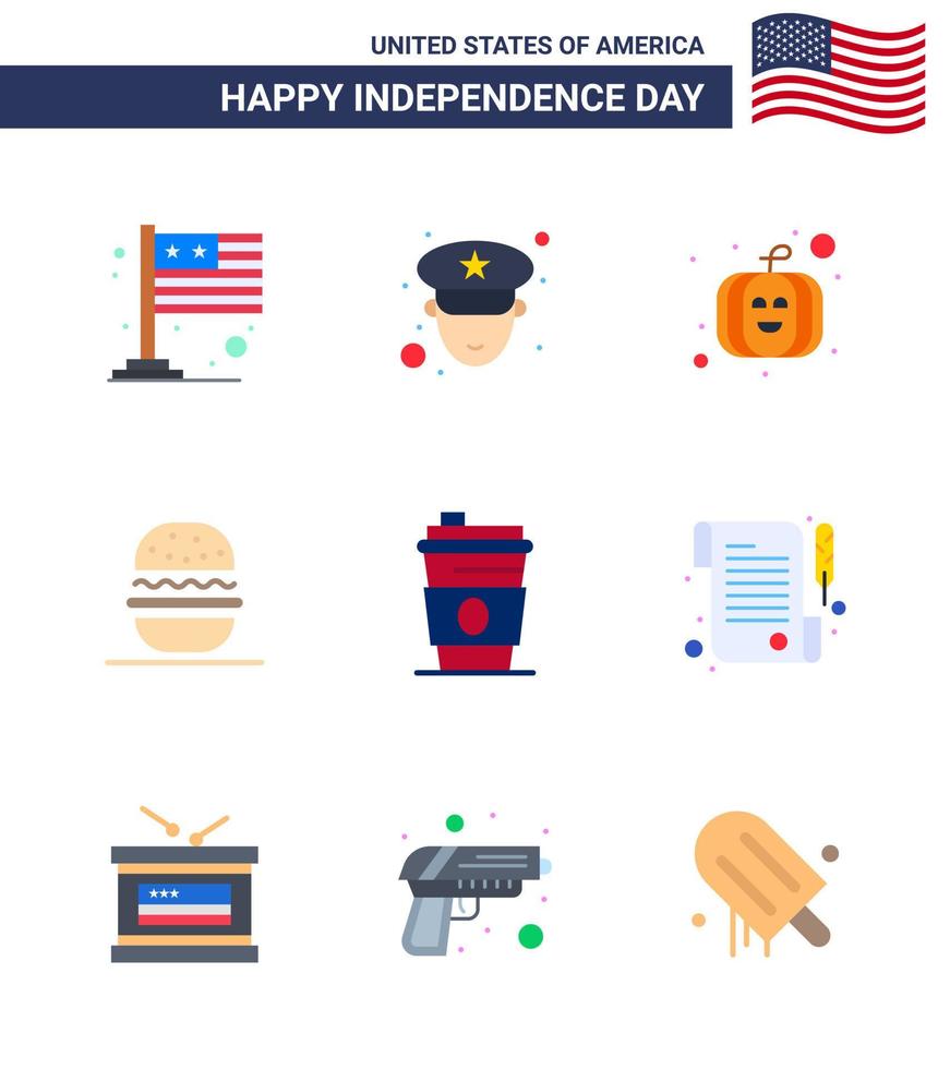 conjunto de 9 paquetes de pisos modernos en el día de la independencia de estados unidos bebida de estados unidos alcohol de calabaza elementos de diseño de vector de día de estados unidos editables estadounidenses