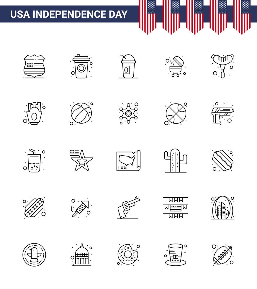 Happy Independence Day 4th July Set of 25 Lines American Pictograph of chips frankfurter american food bbq Editable USA Day Vector Design Elements