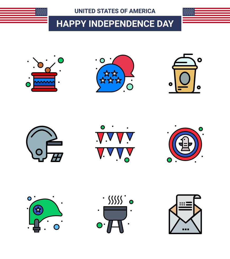 paquete de 9 líneas creativas llenas planas relacionadas con el día de la independencia de estados unidos del festival burbuja de chat de fútbol vacaciones americanas elementos de diseño vectorial editables del día de estados unidos vector