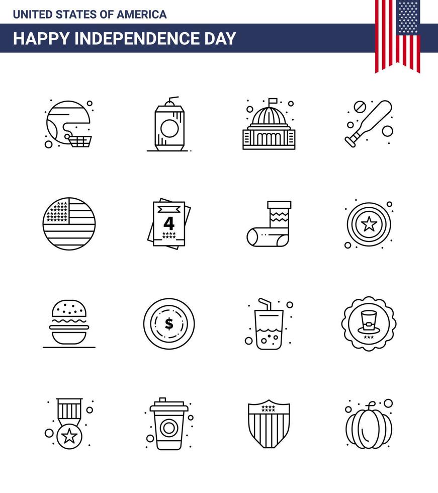 4 de julio estados unidos feliz día de la independencia icono símbolos grupo de 16 líneas modernas de hardball béisbol bebida casa blanca editable día de estados unidos elementos de diseño vectorial vector