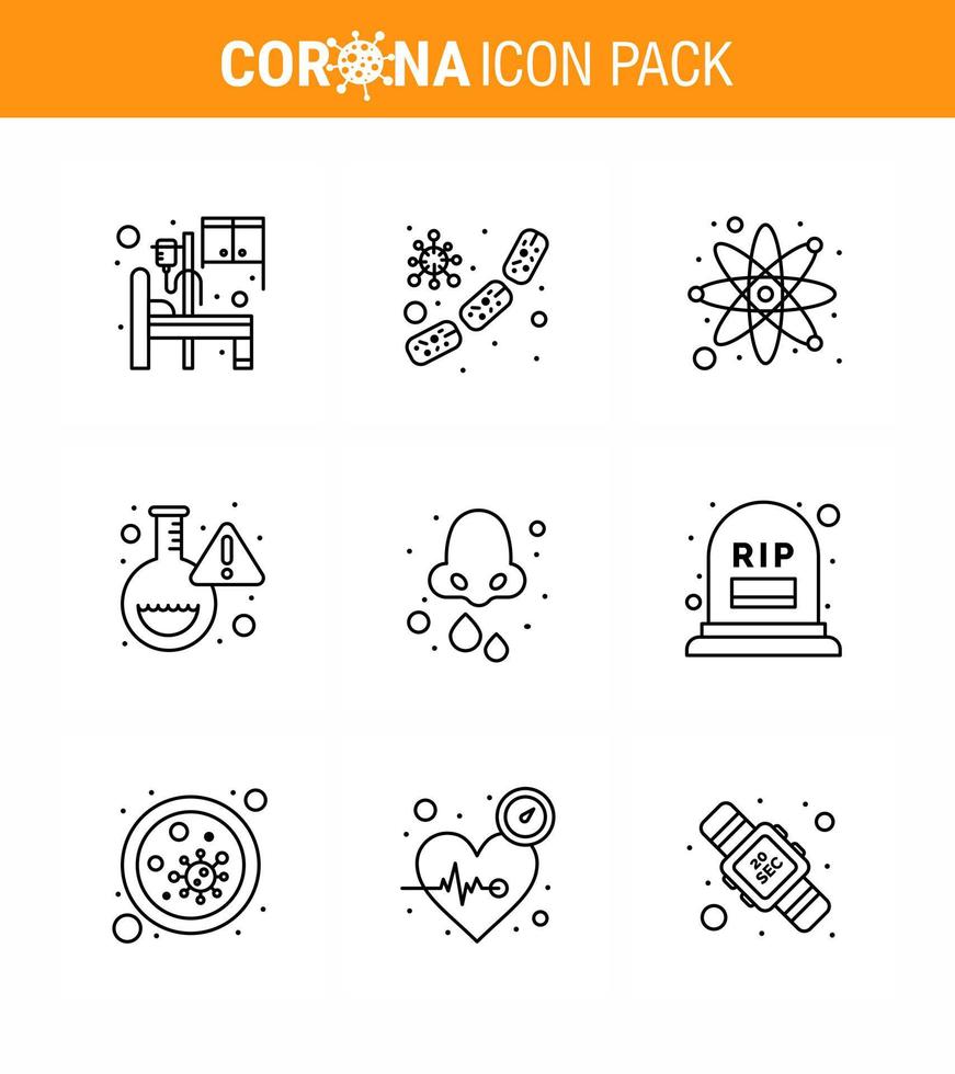 Coronavirus Prevention Set Icons 9 Line icon such as allergy research blood lab research viral coronavirus 2019nov disease Vector Design Elements