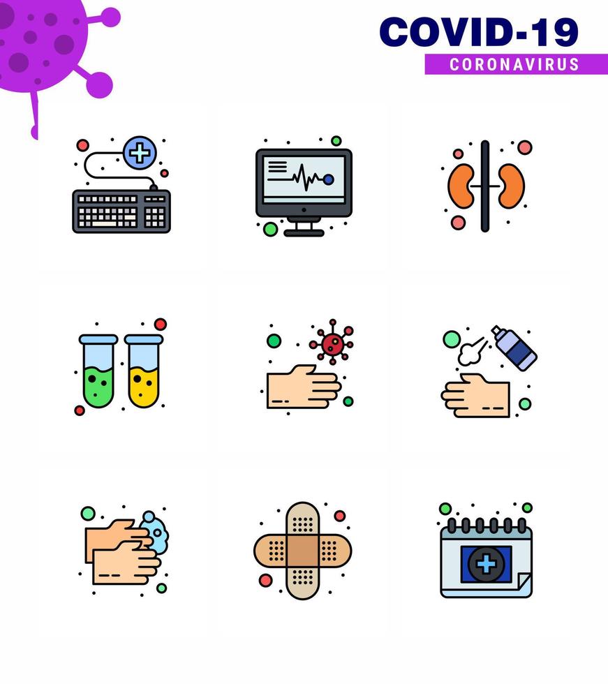 CORONAVIRUS 9 Filled Line Flat Color Icon set on the theme of Corona epidemic contains icons such as hands bacteria human lab blood test viral coronavirus 2019nov disease Vector Design Elements