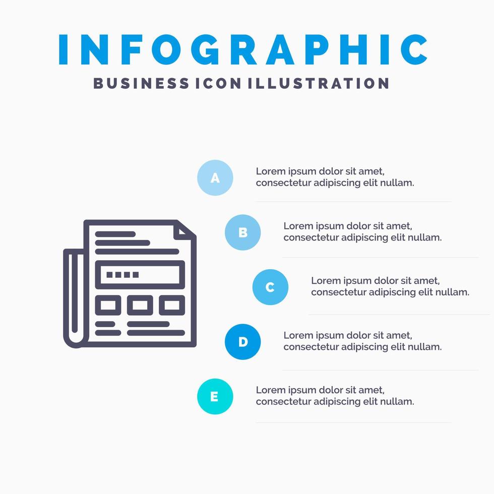 icono de línea de título de papel de anuncio de periódico con fondo de infografía de presentación de 5 pasos vector