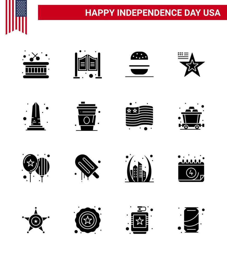 USA Independence Day Solid Glyph Set of 16 USA Pictograms of sight landmark eat usa american Editable USA Day Vector Design Elements