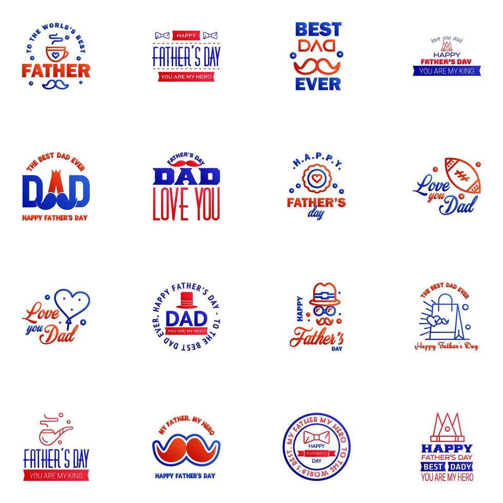 feliz día del padre 16 tipografía azul y roja conjunto emblemas vectoriales letras para tarjetas de felicitación pancartas diseño de camiseta eres el mejor padre elementos de diseño vectorial editables vector