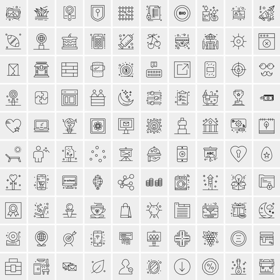 100 Universal Black Line Icons on White Background vector