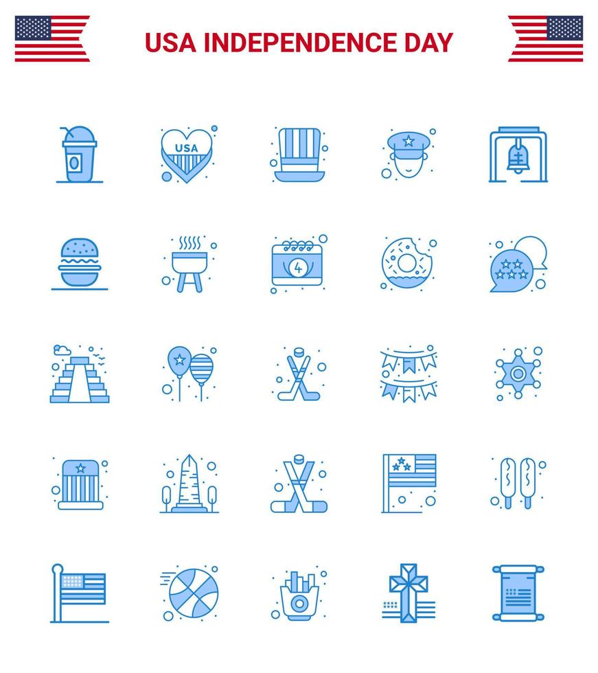 feliz día de la independencia 4 de julio conjunto de 25 pictogramas americanos de blues de campana de navidad día de alerta policía hombre editable día de estados unidos elementos de diseño vectorial vector