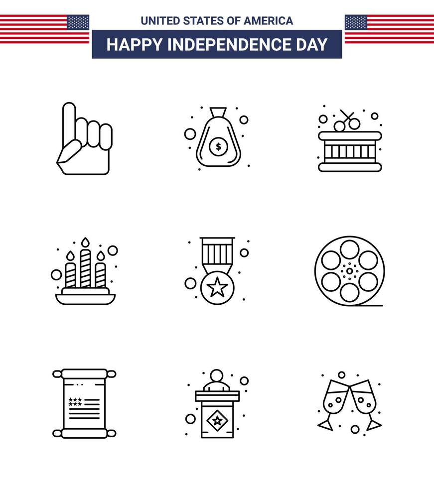 Pack of 9 USA Independence Day Celebration Lines Signs and 4th July Symbols such as military badge drum award fire Editable USA Day Vector Design Elements