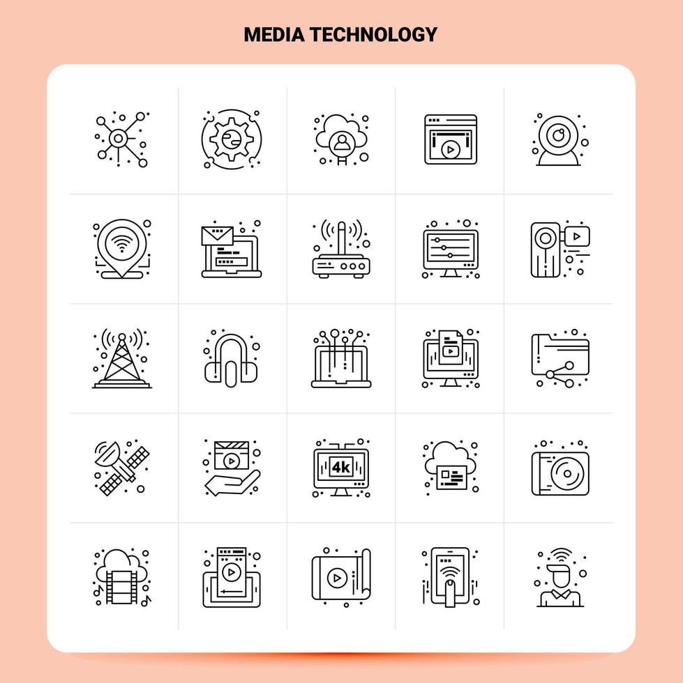 esquema 25 conjunto de iconos de tecnología de medios diseño de estilo de línea vectorial conjunto de iconos negros paquete de pictogramas lineales diseño de ideas de negocios web y móviles ilustración vectorial vector