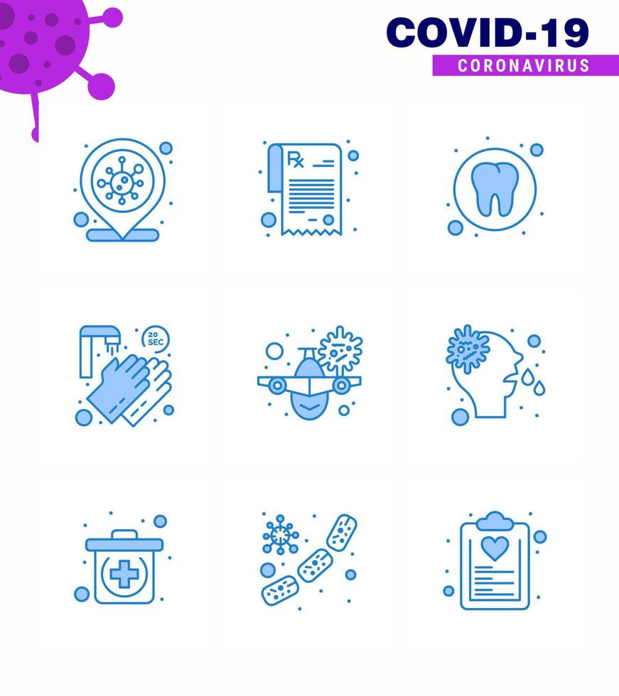 Covid19 icon set for infographic 9 Blue pack such as vacation airplane health twenty seconds medical viral coronavirus 2019nov disease Vector Design Elements