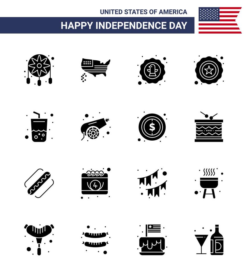 Group of 16 Solid Glyphs Set for Independence day of United States of America such as drink usa american star badge Editable USA Day Vector Design Elements