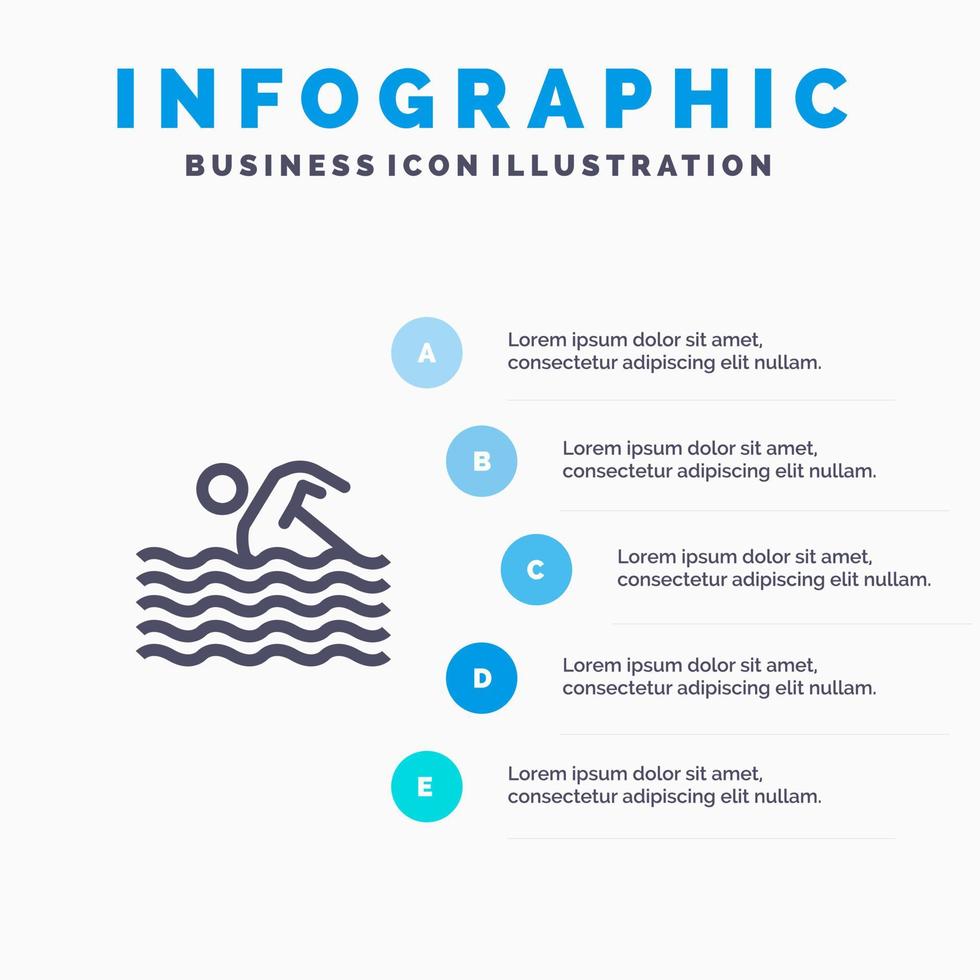 actividad deporte nadar natación agua línea icono con 5 pasos presentación infografía fondo vector