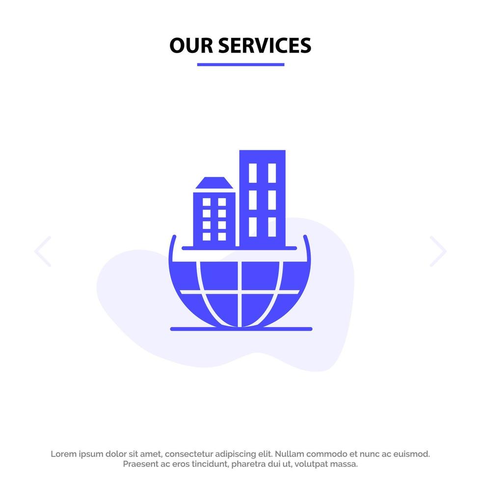 nuestros servicios organización global arquitectura negocio sostenible glifo sólido icono plantilla de tarjeta web vector