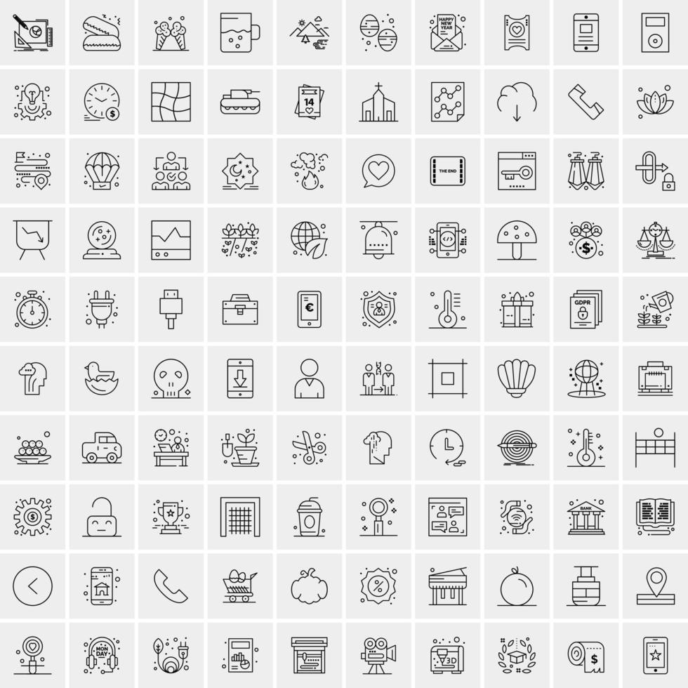 100 Universal Black Line Icons on White Background vector