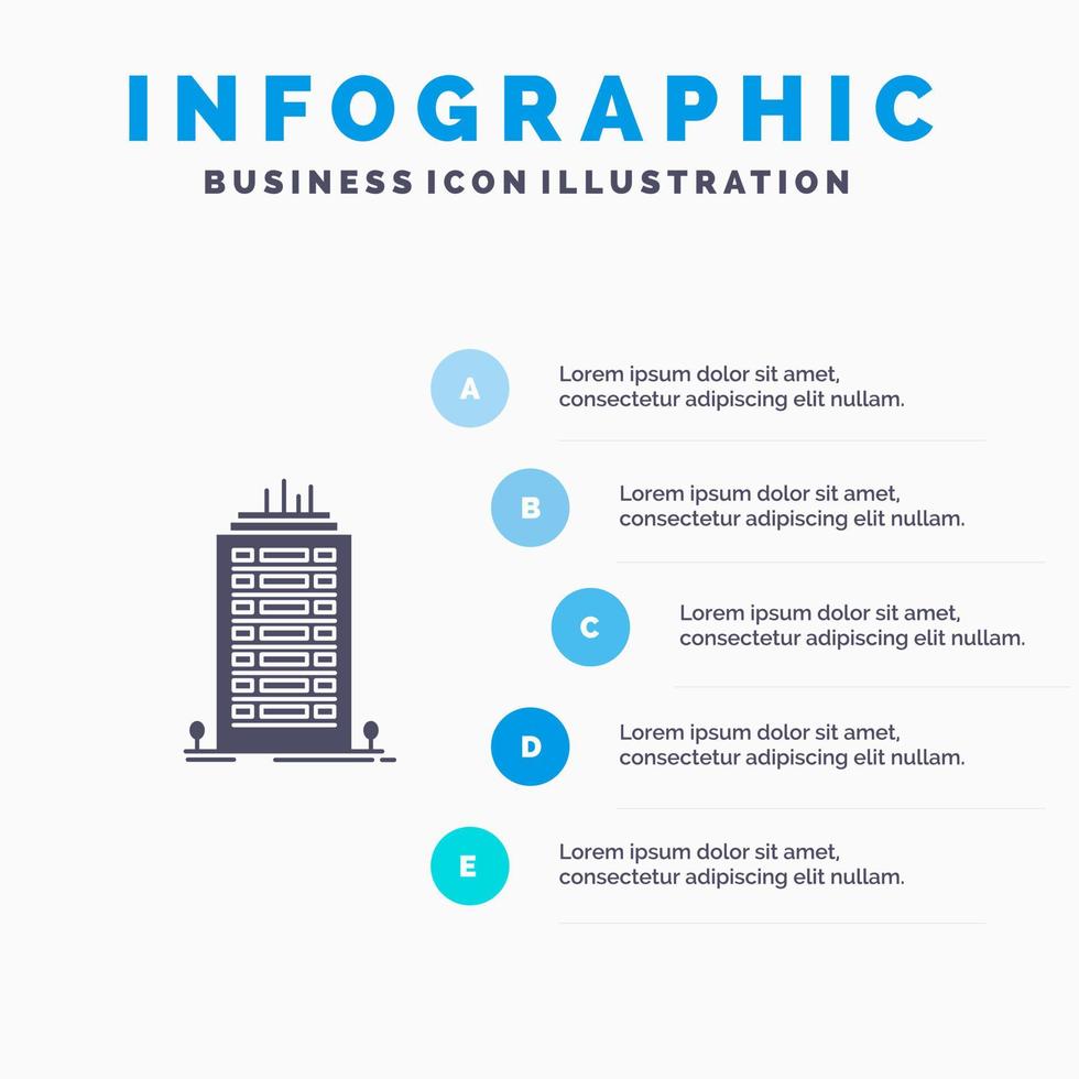 edificio oficina rascacielos torre sólido icono infografía 5 pasos presentación antecedentes vector