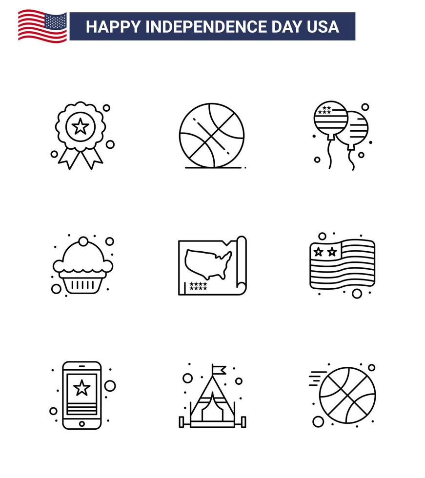 Group of 9 Lines Set for Independence day of United States of America such as united map bloon muffin cake Editable USA Day Vector Design Elements