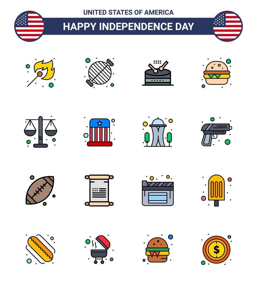 feliz día de la independencia 16 líneas planas rellenas paquete de iconos para web e impresión fiesta de comida de justicia desfile de comida rápida editable elementos de diseño vectorial del día de estados unidos vector