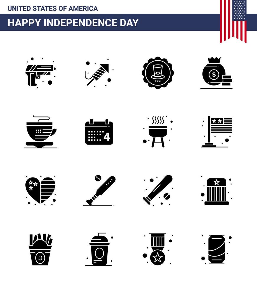 16 USA Solid Glyph Pack of Independence Day Signs and Symbols of cup american glass money dollar Editable USA Day Vector Design Elements
