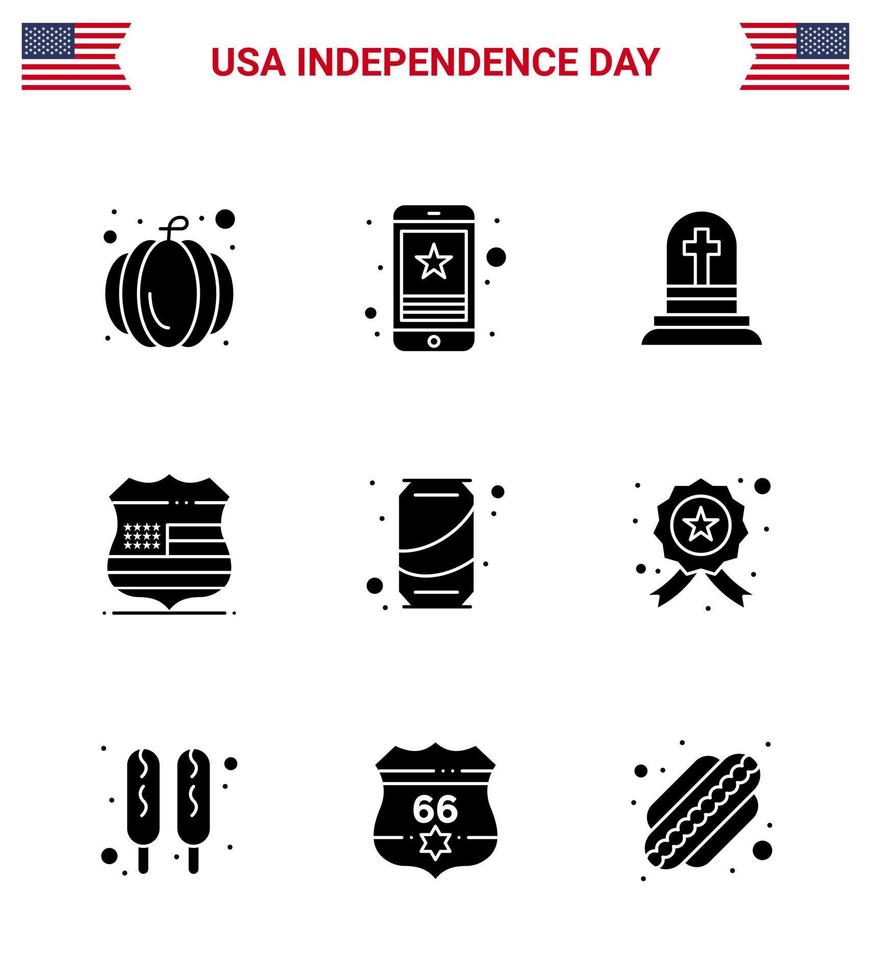 4th July USA Happy Independence Day Icon Symbols Group of 9 Modern Solid Glyphs of can security death usa shield Editable USA Day Vector Design Elements