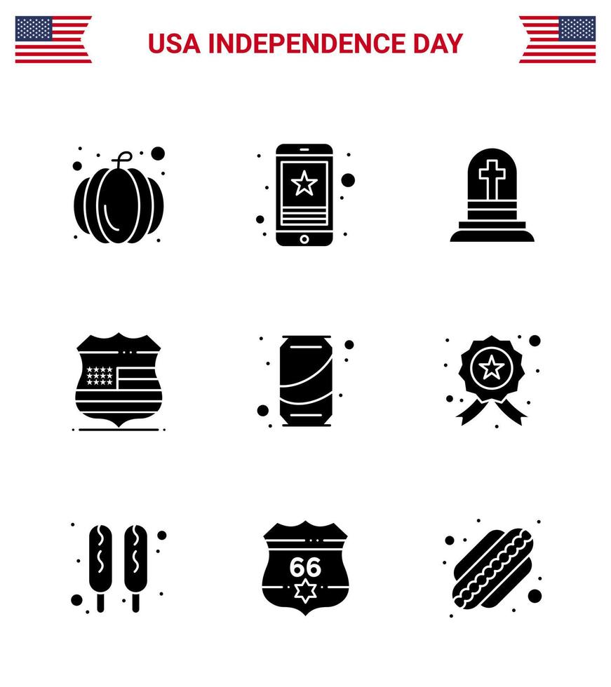 4 de julio estados unidos feliz día de la independencia icono símbolos grupo de 9 glifos sólidos modernos de lata seguridad muerte estados unidos escudo editable día de estados unidos elementos de diseño vectorial vector