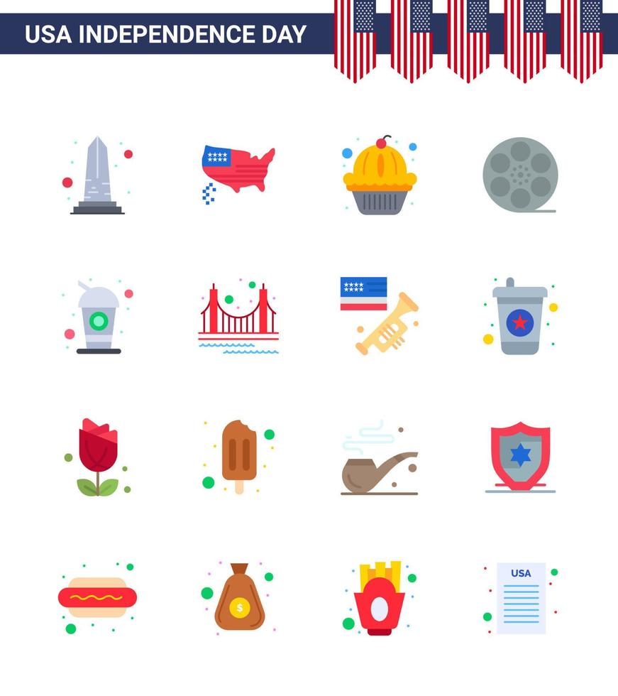 conjunto de 16 iconos del día de estados unidos símbolos americanos signos del día de la independencia para video de botella usa play cake elementos de diseño de vector de día de estados unidos editables