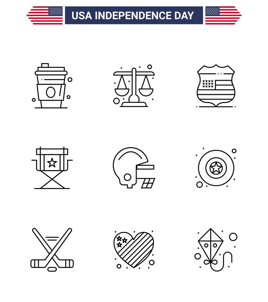 paquete de línea de 9 símbolos del día de la independencia de estados unidos de la silla de películas de escudo de estrella estadounidense elementos de diseño vectorial editables del día de estados unidos vector