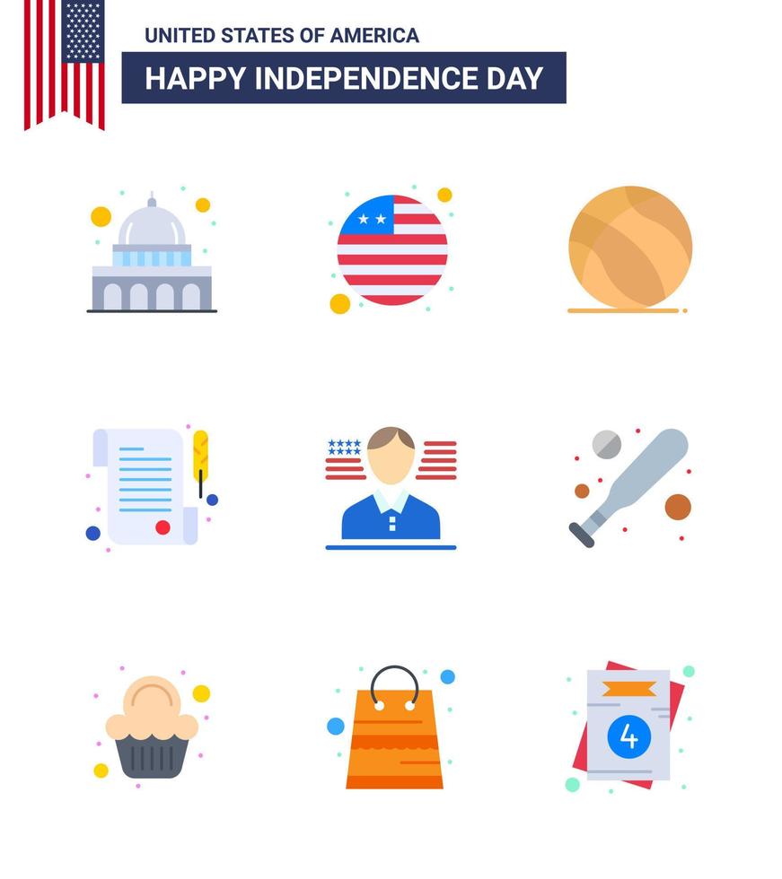 grupo de 9 pisos establecidos para el día de la independencia de los estados unidos de américa, como el recibo del hombre de la bola americana de béisbol elementos de diseño vectorial del día de estados unidos editables vector