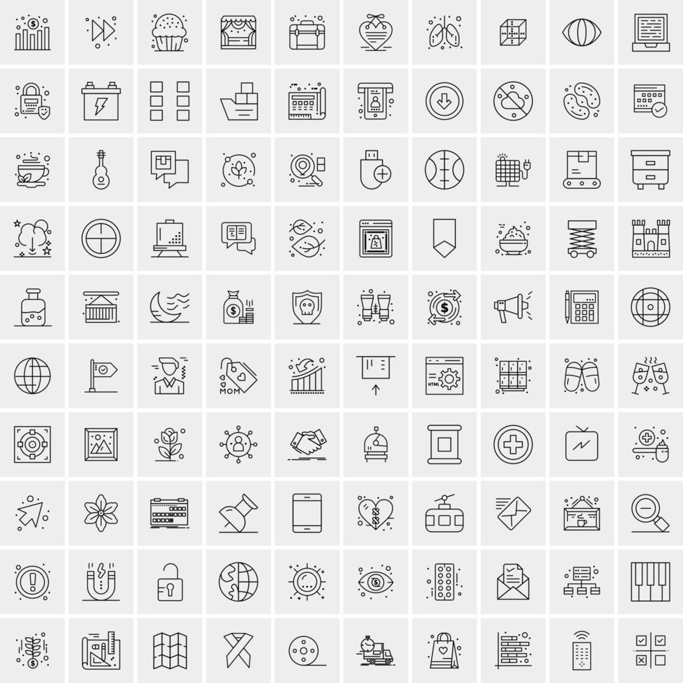 100 Universal Black Line Icons on White Background vector