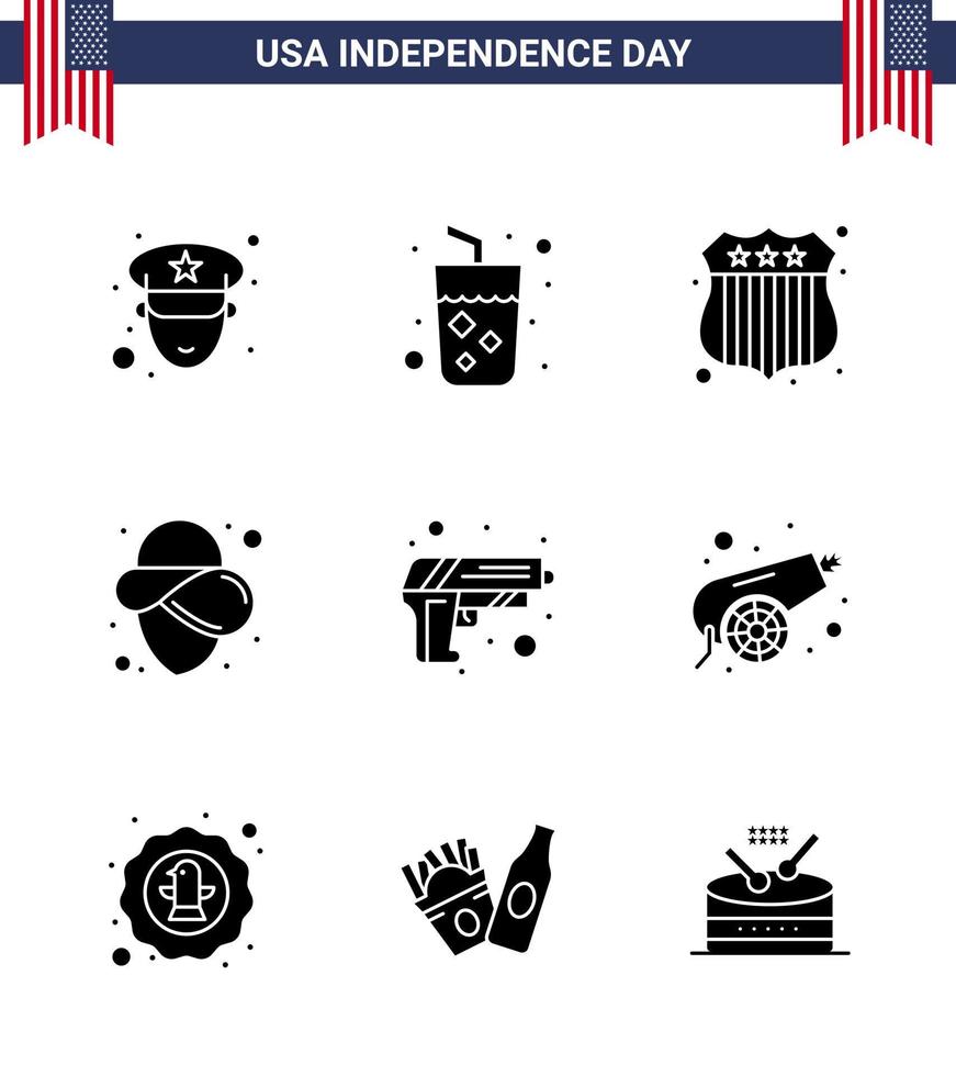 Set of 9 Vector Solid Glyphs on 4th July USA Independence Day such as army army investigating security hat Editable USA Day Vector Design Elements