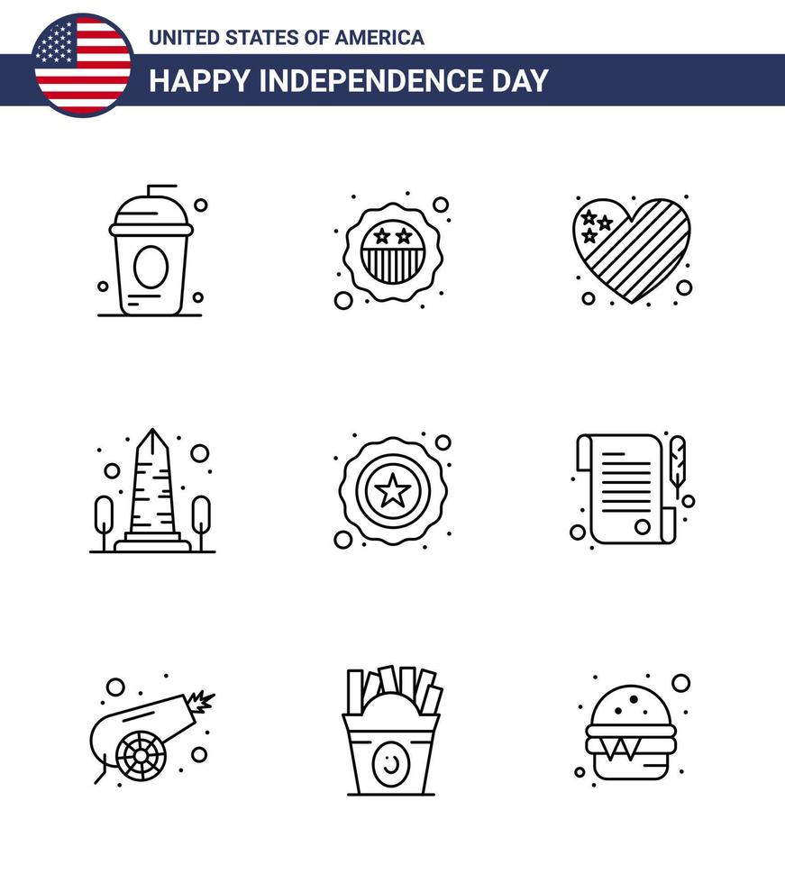 conjunto moderno de 9 líneas y símbolos en el día de la independencia de estados unidos, como el monumento de la bandera de la vista de washington amor elementos de diseño vectorial editables del día de estados unidos vector