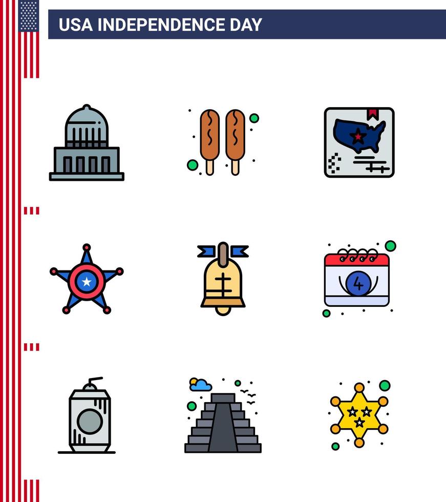 USA Independence Day Flat Filled Line Set of 9 USA Pictograms of american ball flag usa police Editable USA Day Vector Design Elements