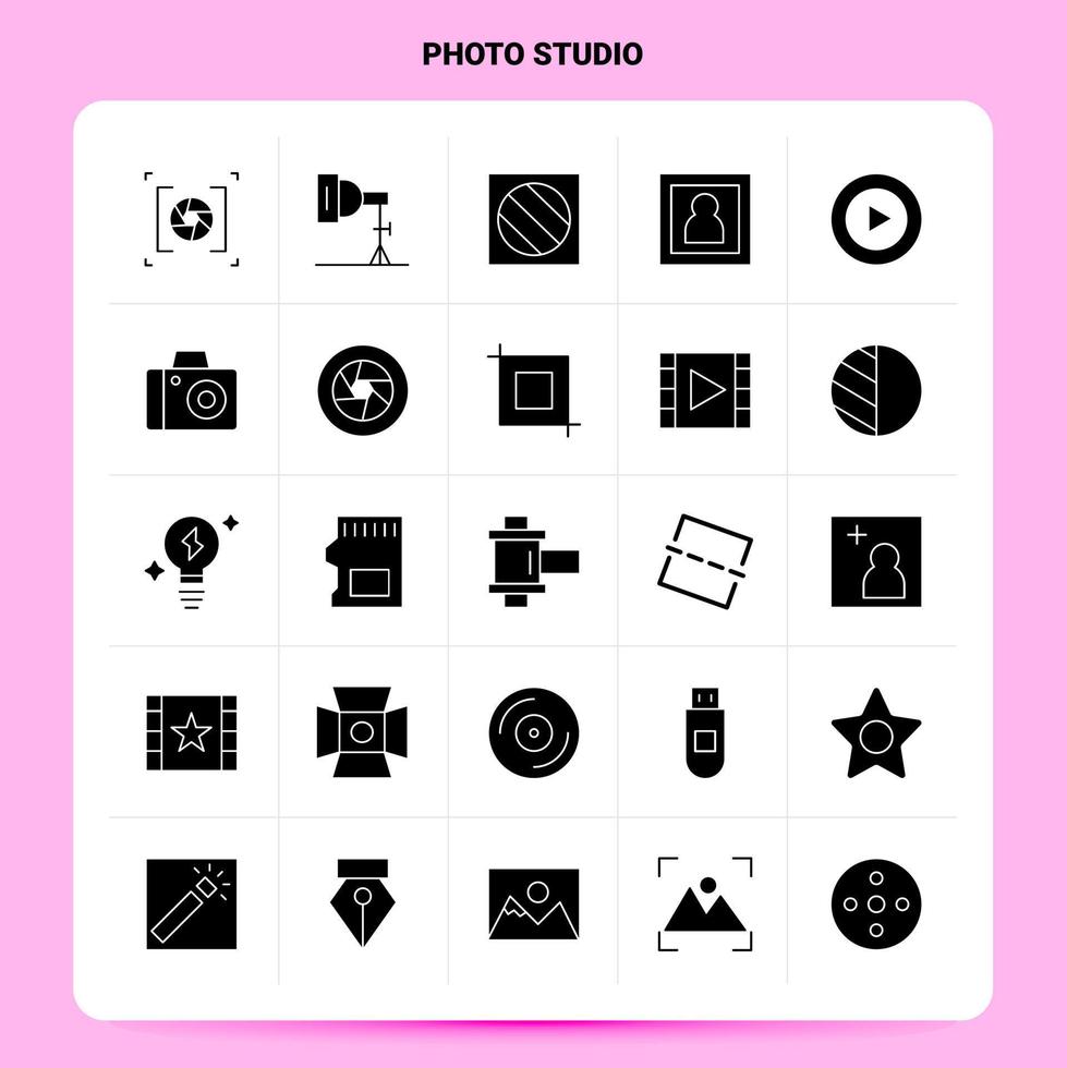 Solid 25 Photo Studio Icon set Vector Glyph Style Design Black Icons Set Web and Mobile Business ideas design Vector Illustration