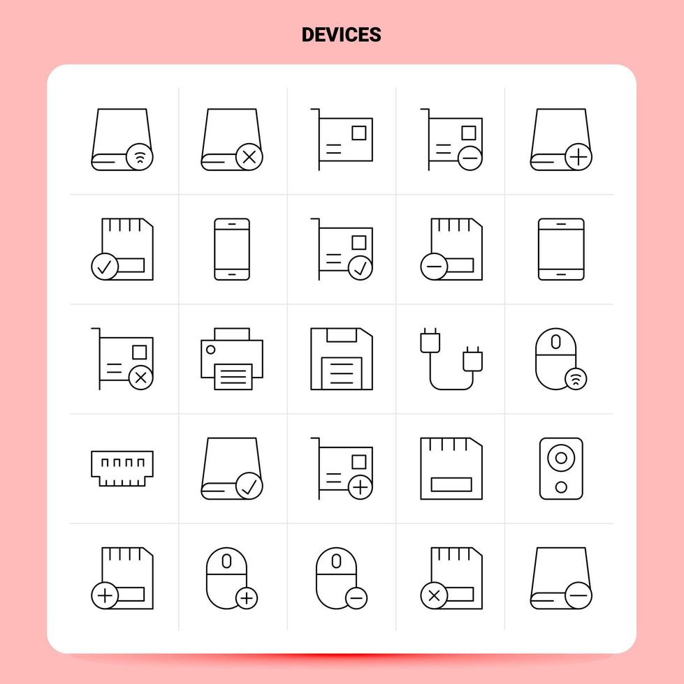 OutLine 25 Devices Icon set Vector Line Style Design Black Icons Set Linear pictogram pack Web and Mobile Business ideas design Vector Illustration