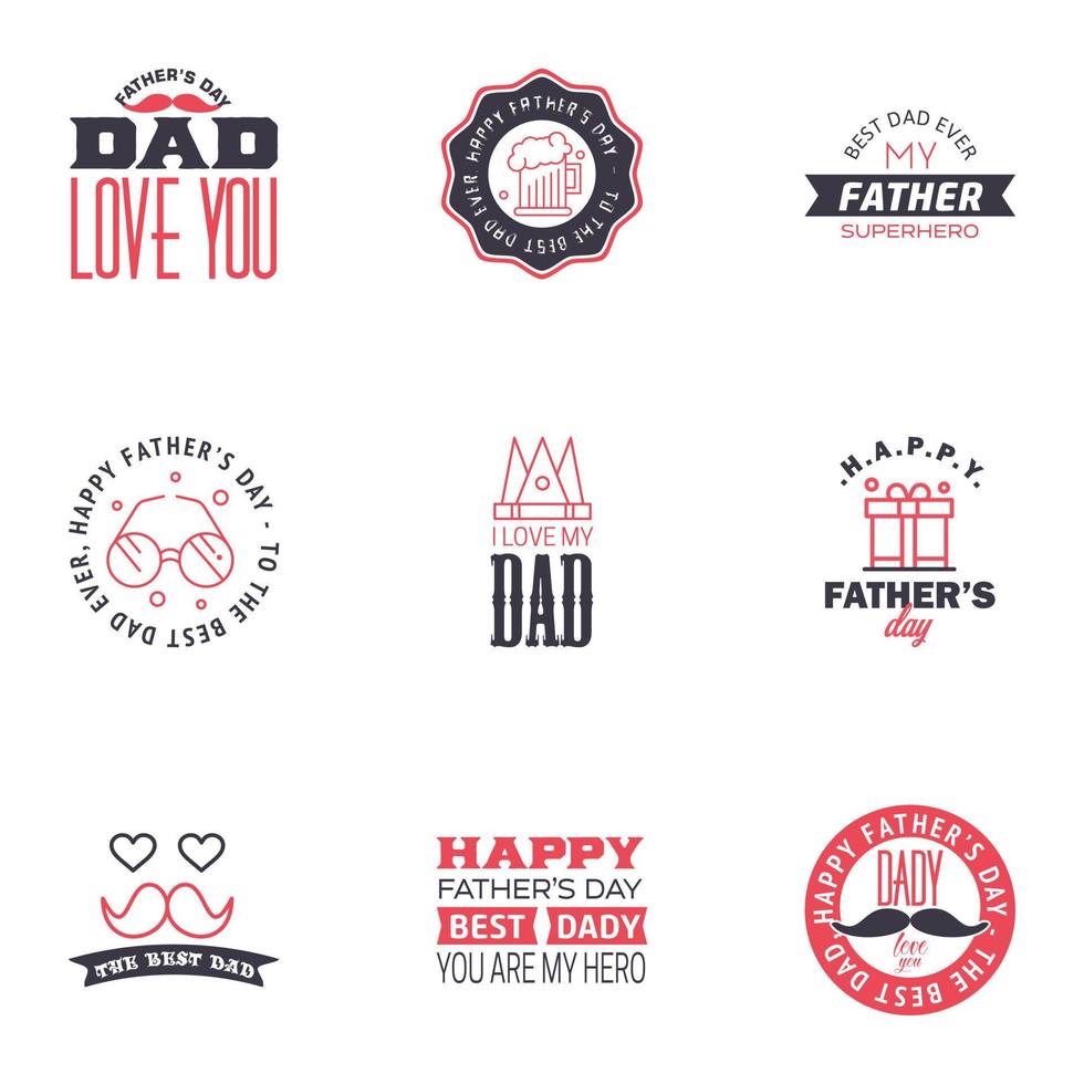 las tarjetas de felicitación del día del padre feliz establecen 9 letras tipográficas vectoriales en negro y rosa utilizables para imprimir pancartas eres el mejor diseño de texto de papá elementos de diseño vectorial editables vector