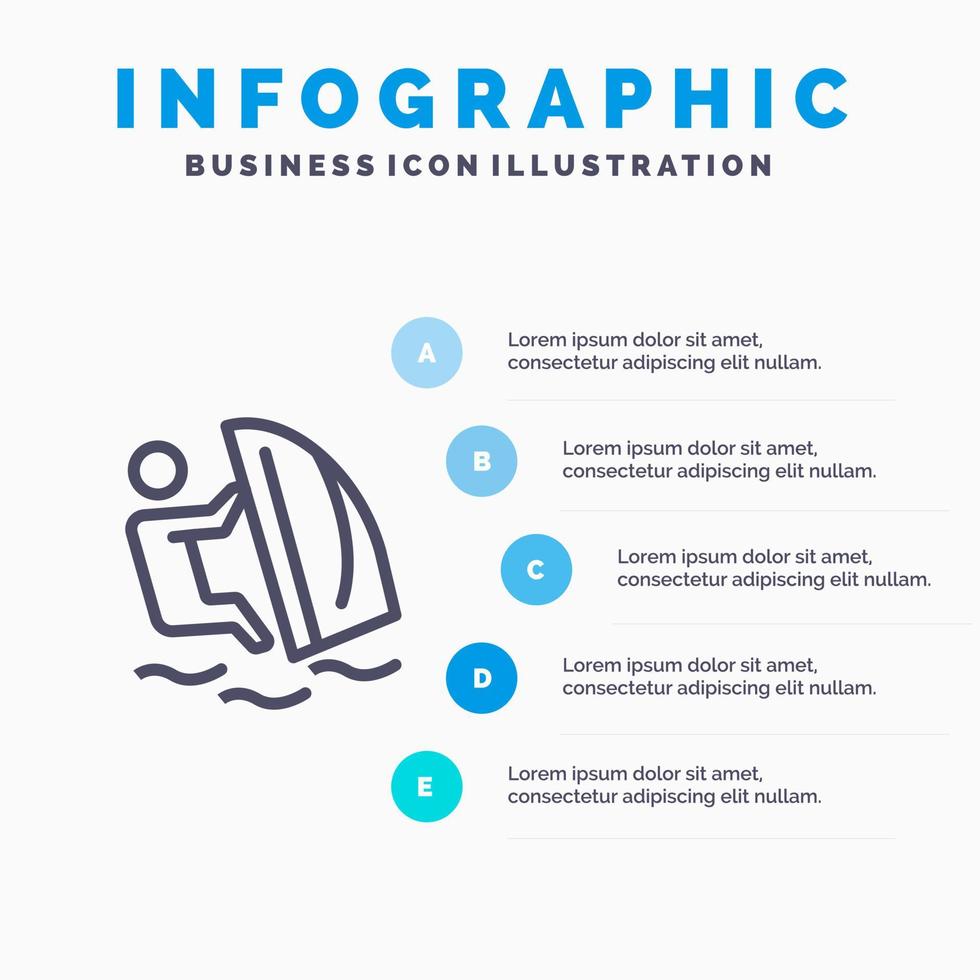 icono de línea de deporte de viento de agua de surfista con fondo de infografía de presentación de 5 pasos vector