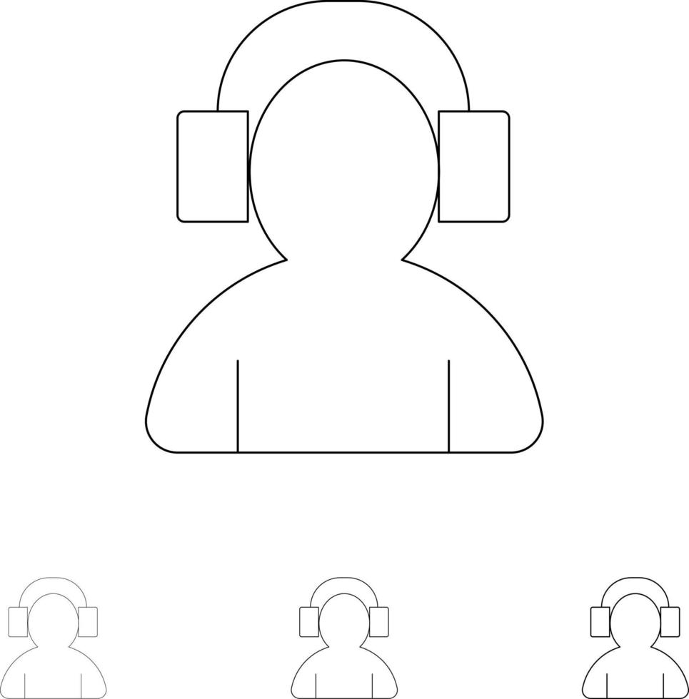 Avatar Support Man Headphone Bold and thin black line icon set vector