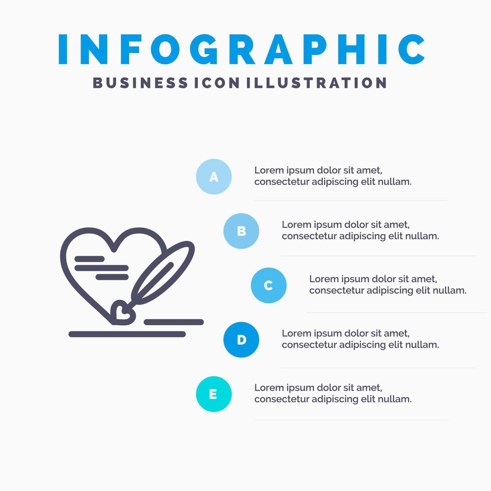 pluma amor corazón boda línea icono con 5 pasos presentación infografía fondo vector