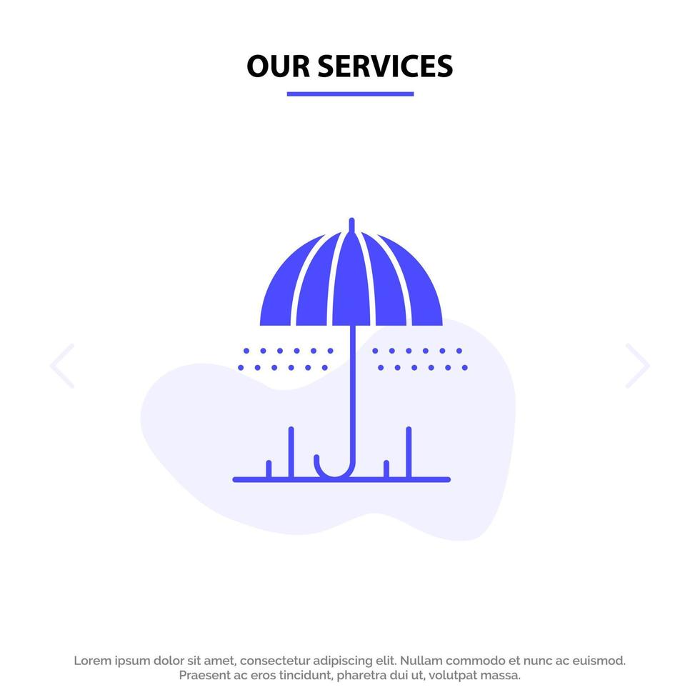 nuestros servicios lluvia paraguas clima primavera glifo sólido icono plantilla de tarjeta web vector