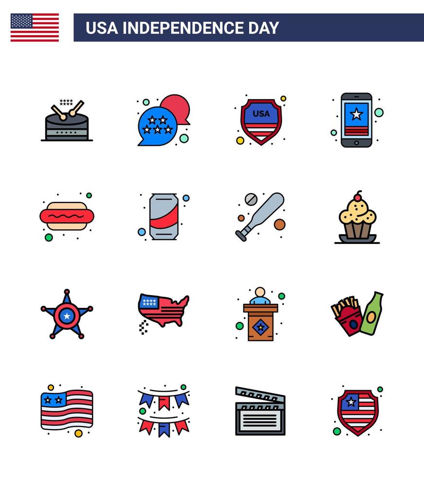 Big Pack of 16 USA Happy Independence Day USA Vector Flat Filled Lines and Editable Symbols of hot dog mobile security smart phone cell Editable USA Day Vector Design Elements