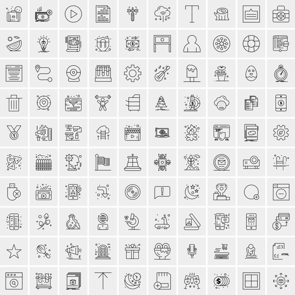 100 Universal Black Line Icons on White Background vector