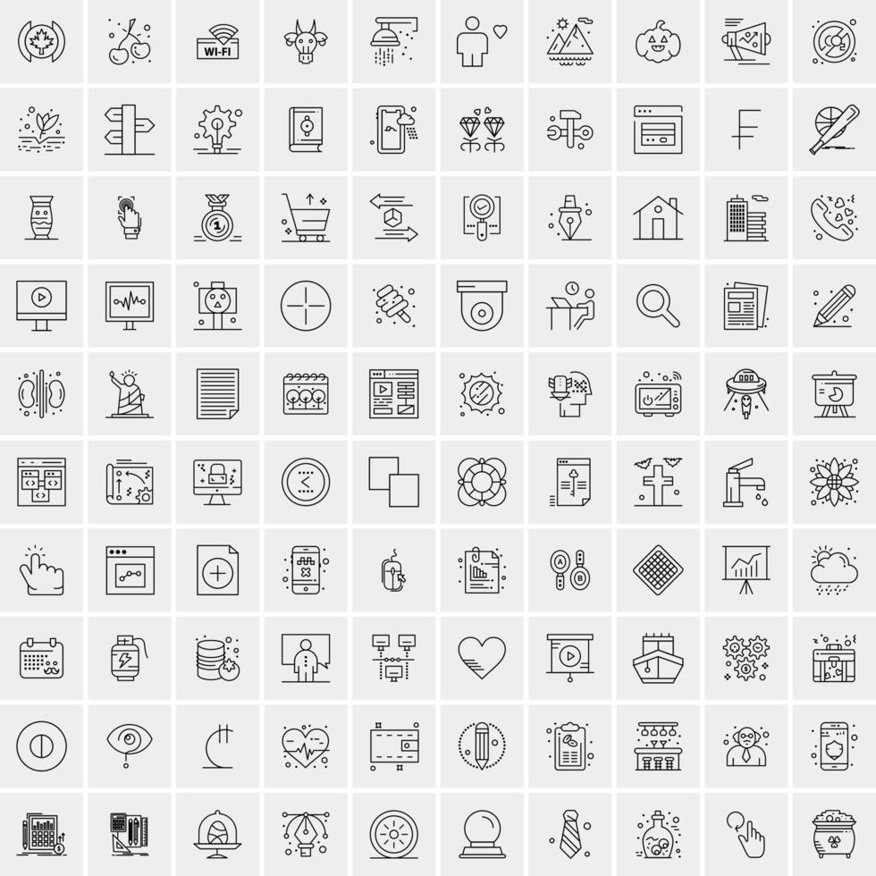100 Universal Black Line Icons on White Background vector